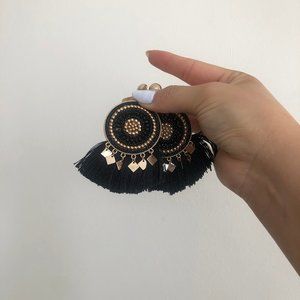 Gold and Black Embroidered Earrings